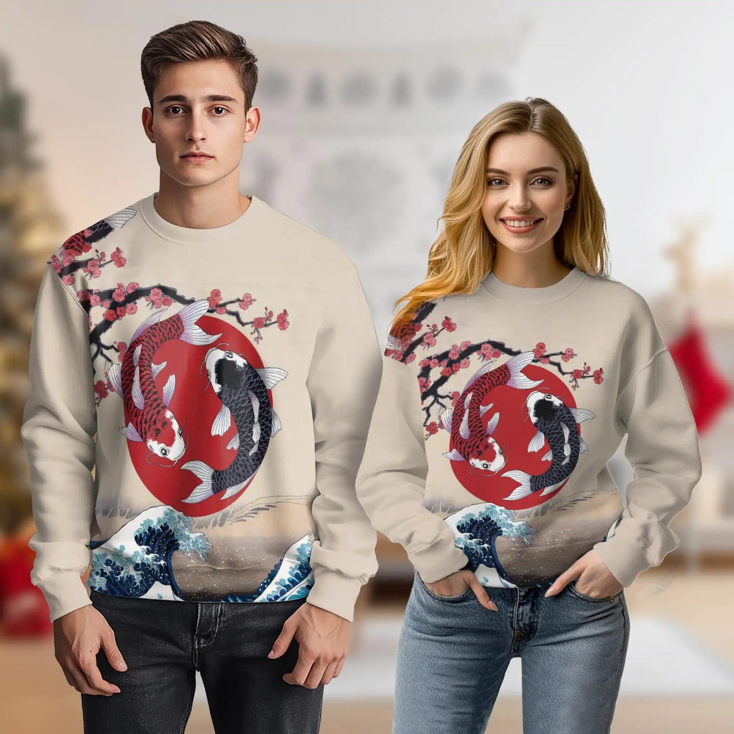 Yin Yang Koi Fish Sweatshirt, 3D All Over Print Japanese Zen Art Crewneck Pullover for Men Women, Koi Fish Lover Gift - Netecom