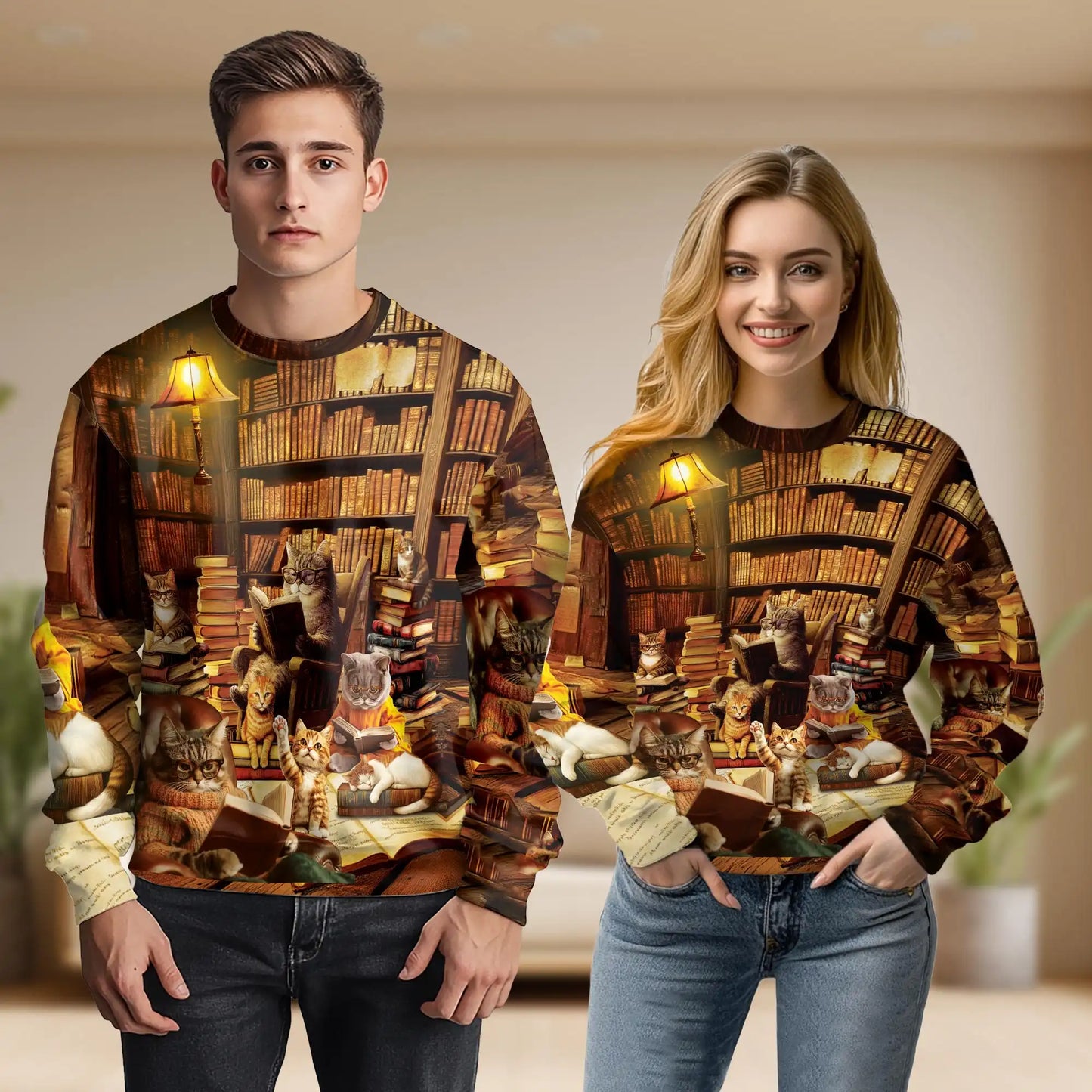 Library Cats Reading Books Sweatshirt, 3D All Over Print Cute Cat Literature Crewneck Pullover for Men Women, Cat Lover Gift - Netecom