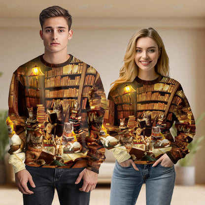 Library Cats Reading Books Sweatshirt, 3D All Over Print Cute Cat Literature Crewneck Pullover for Men Women, Cat Lover Gift - Netecom