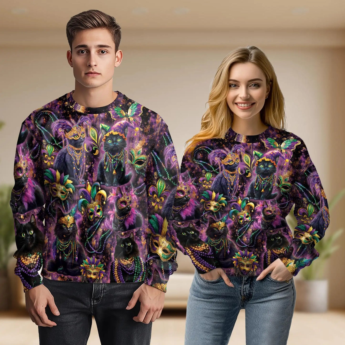 Mardi Gras Cat Sweatshirt, 3D All Over Print Carnival Cat Crewneck Pullover for Men Women, Cat Lover Gift - Netecom