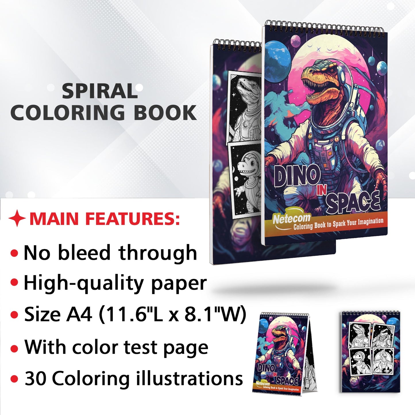 Dino In Space Spiral Bound Coloring Book, Unleash Your Creativity with 30 Mesmerizing Dino in Space Coloring Designs