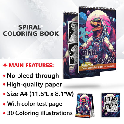 Dino In Space Spiral Bound Coloring Book, Unleash Your Creativity with 30 Mesmerizing Dino in Space Coloring Designs