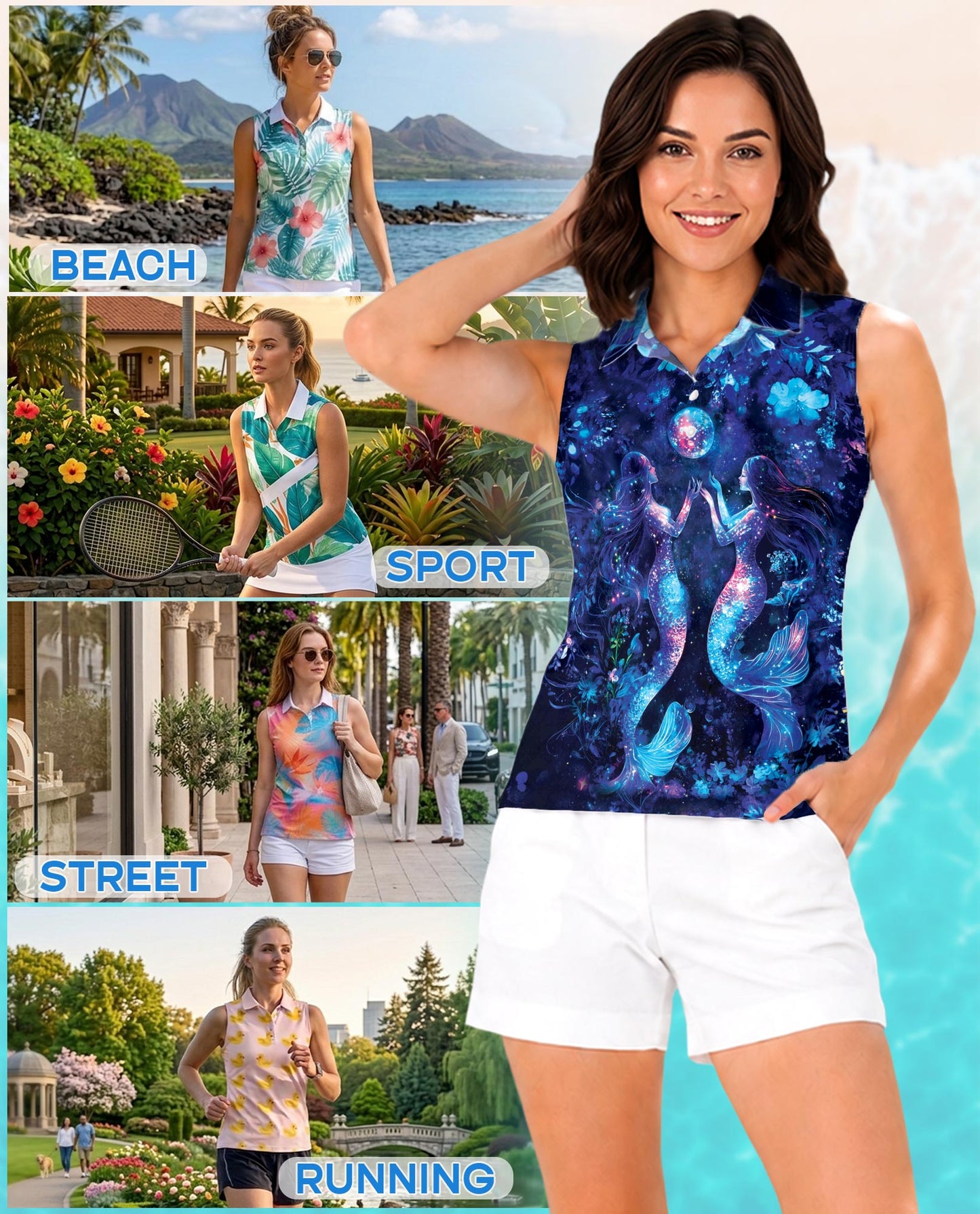 Black Floral Mermaid Sleeveless Polo Shirt for Women | Netecom