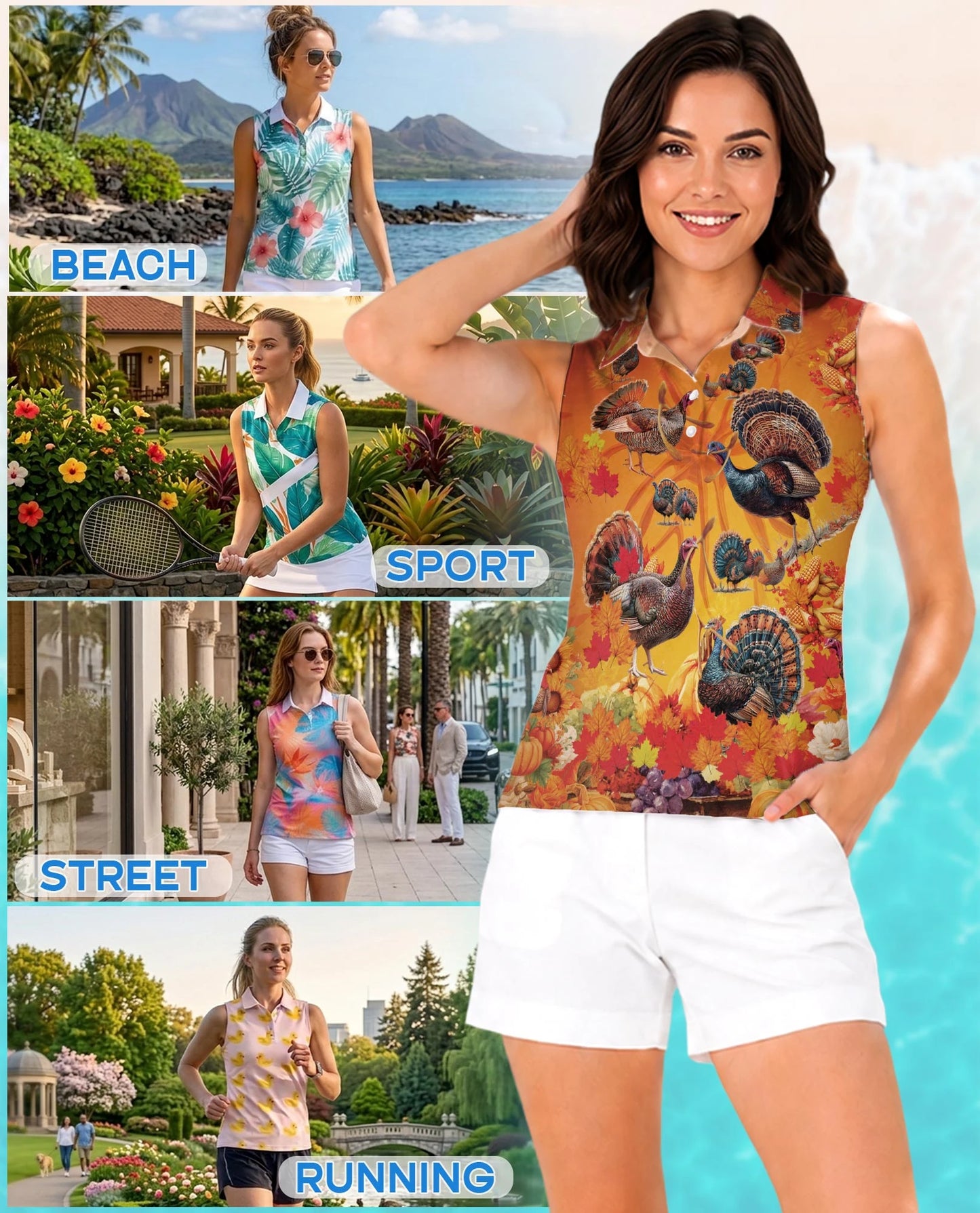 Turkey Thanksgiving Edition Sleeveless Polo Shirt for Women | Netecom