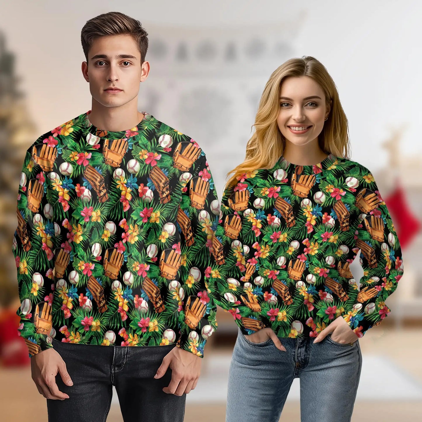Baseball Tropical Sweatshirt, 3D All Over Print Baseball Art Crewneck Pullover for Men Women, Baseball Lover Gift - Netecom