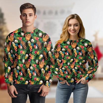 Baseball Tropical Sweatshirt, 3D All Over Print Baseball Art Crewneck Pullover for Men Women, Baseball Lover Gift - Netecom