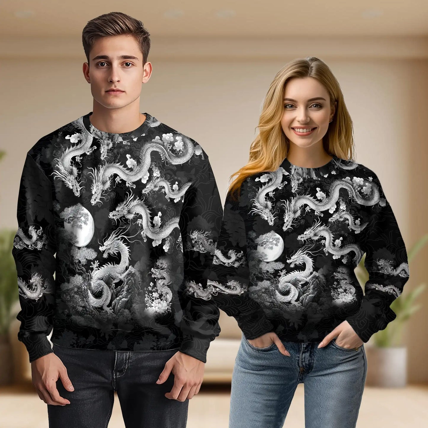 Black and White Dragon Sweatshirt, 3D All Over Print Monochrome Fantasy Crewneck Pullover for Men Women, Dragon Lover Gift - Netecom
