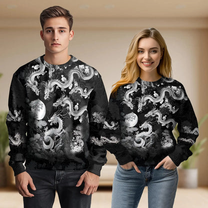 Black and White Dragon Sweatshirt, 3D All Over Print Monochrome Fantasy Crewneck Pullover for Men Women, Dragon Lover Gift - Netecom