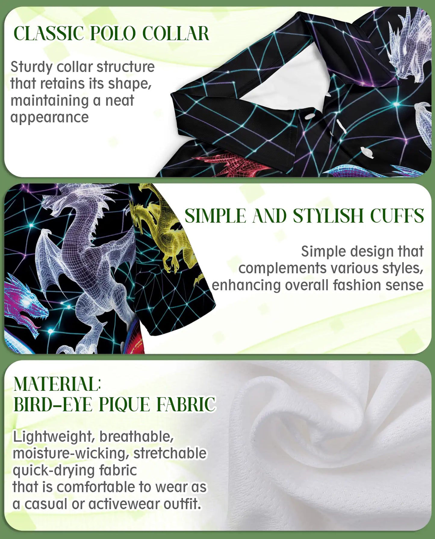 Neon Cyber Dragon 3D Polo Shirt for Men – Futuristic Fantasy Creature Style | Netecom