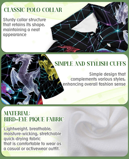 Neon Cyber Dragon 3D Polo Shirt for Men – Futuristic Fantasy Creature Style | Netecom