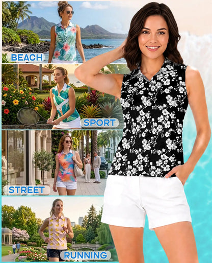 Monochrome Floral Sleeveless Polo Shirt for Women | Netecom