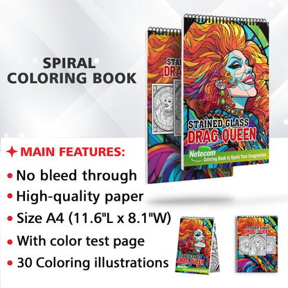 Stained Glass Drag Queen Spiral Bound Coloring Book, Embark on a Dazzling Coloring Adventure with 30 Stained Glass-Inspired Illustrations of Drag Queens, Fostering Empowerment and Glamour