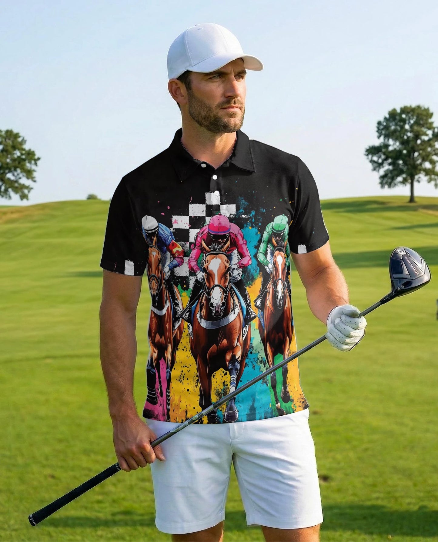 Artistic Colorful Horse Racing Polo Shirt for Men – Equestrian Art Style | Netecom