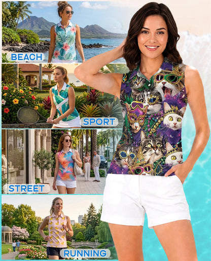 Cats Mardi Gras Carnival Sleeveless Polo Shirt for Women | Netecom