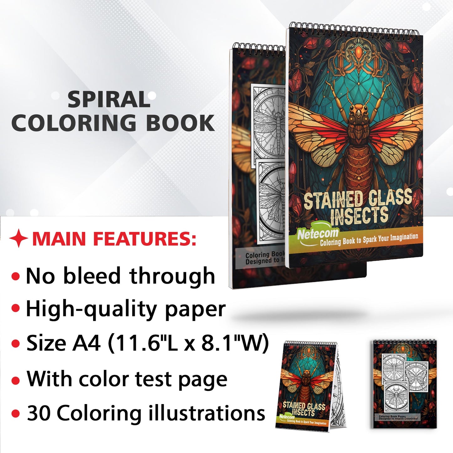 Stained Glass Insects Spiral Bound Coloring Book, Delve into 30 Intricate Coloring Pages, Unveiling the Transcendent Beauty and Delicacy of Stained Glass Insects