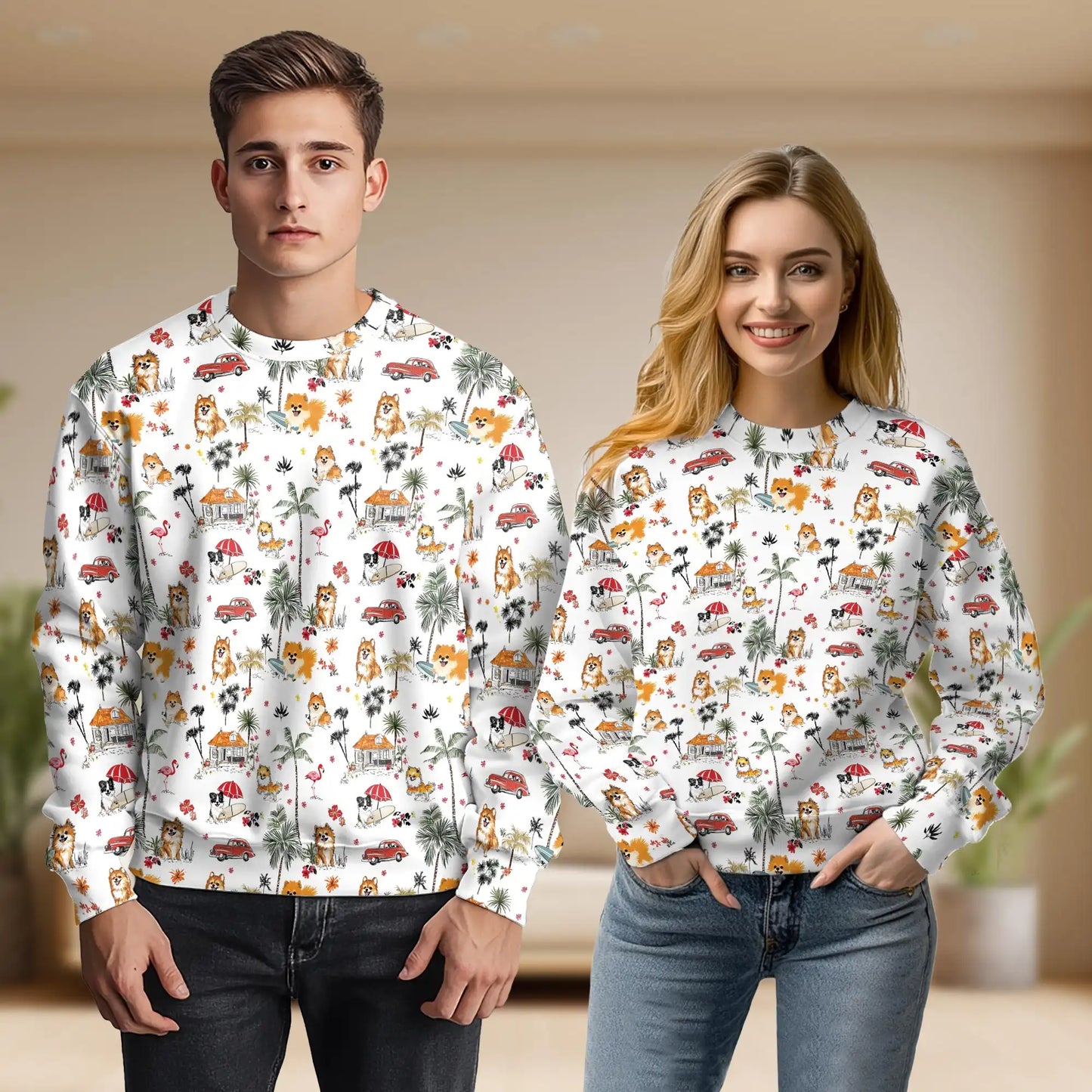 Pomeranian Beach Sweatshirt, 3D All Over Print Tropical Dog Crewneck Pullover for Men Women, Pomeranian Lover Gift - Netecom