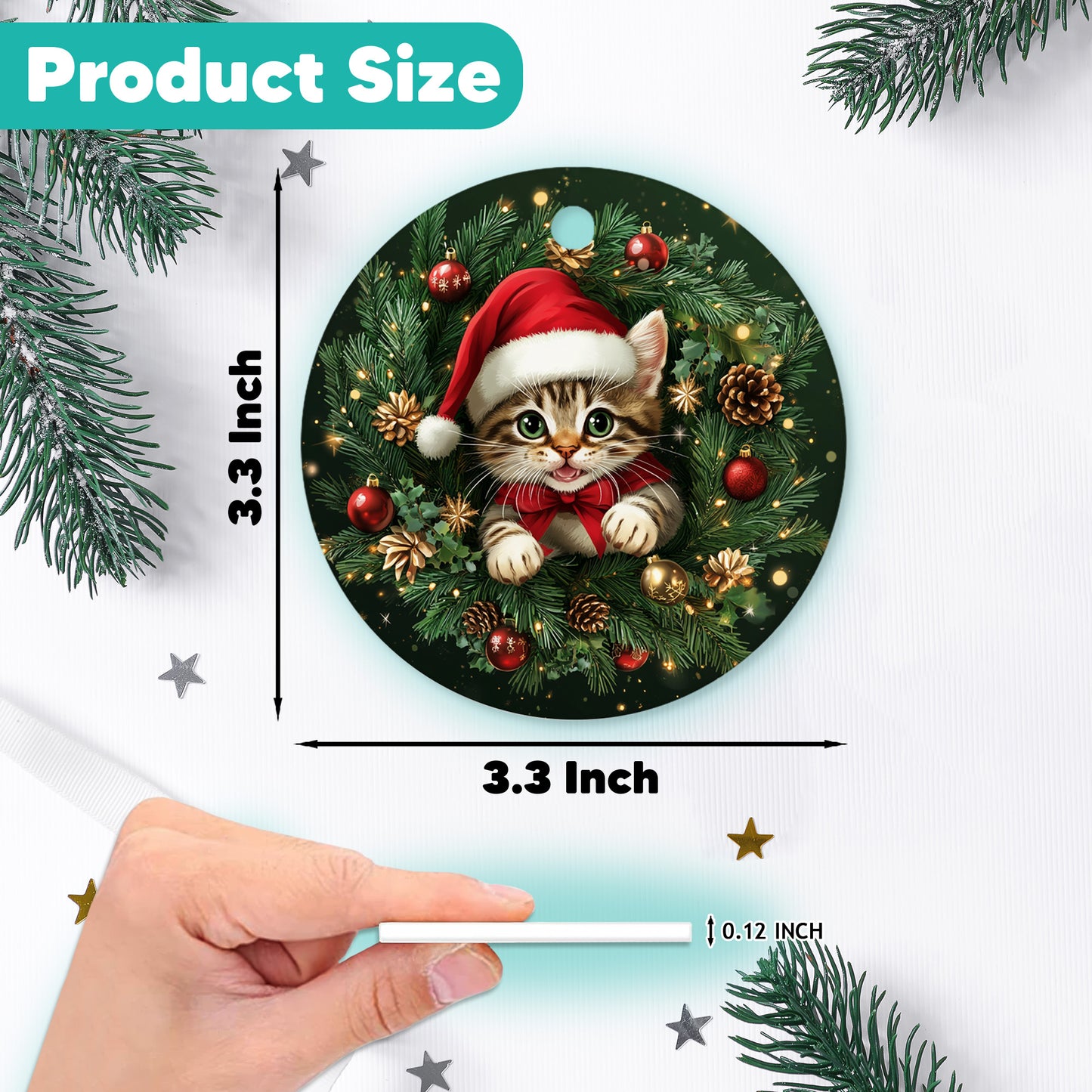 Netecom Cute Cat Christmas Ornament, Kitten with Santa Hat Ceramic Ornament for Xmas Tree Hanging Decorations Gift, Cat Lover Gifts, Holiday Party Present