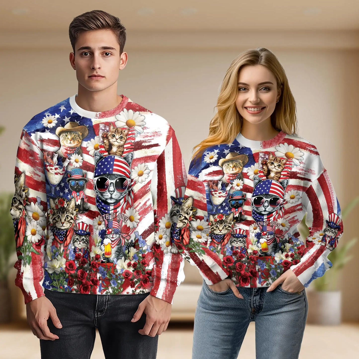 Independence Day Cute Kittens Sweatshirt, 3D All Over Print Patriotic Cat Crewneck Pullover for Men Women, 4th of July Gift - Netecom