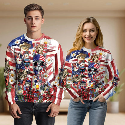 Independence Day Cute Kittens Sweatshirt, 3D All Over Print Patriotic Cat Crewneck Pullover for Men Women, 4th of July Gift - Netecom