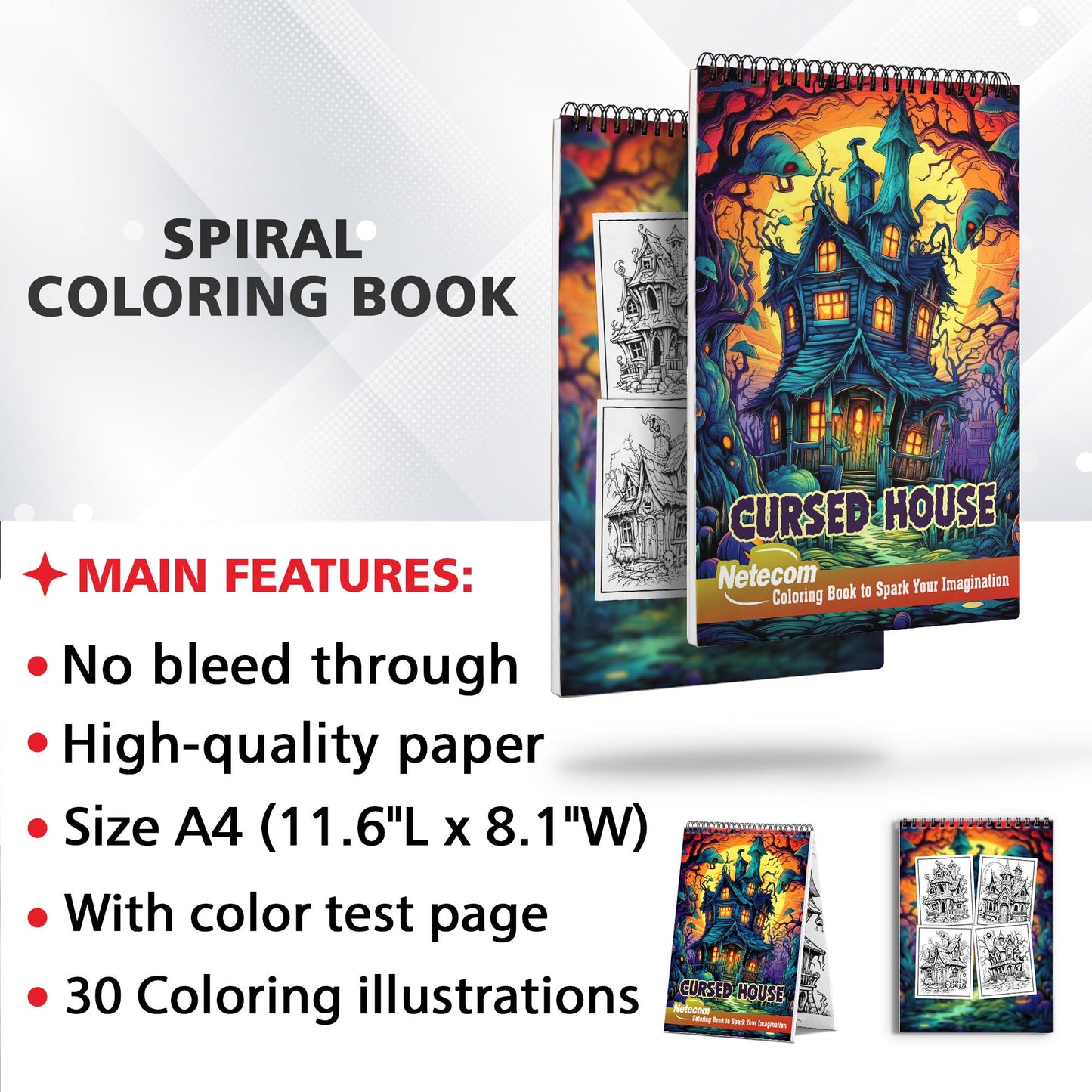 Cursed House Spiral Bound Coloring Book, Unleash Your Imagination in a Mysterious Setting with 30 Charming Pages of Haunted House Scenes.