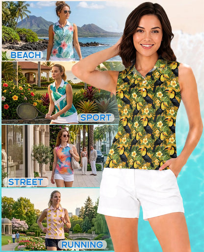 Toucan Tropical Floral Sleeveless Polo Shirt for Women – Exotic Bird Summer Style | Netecom