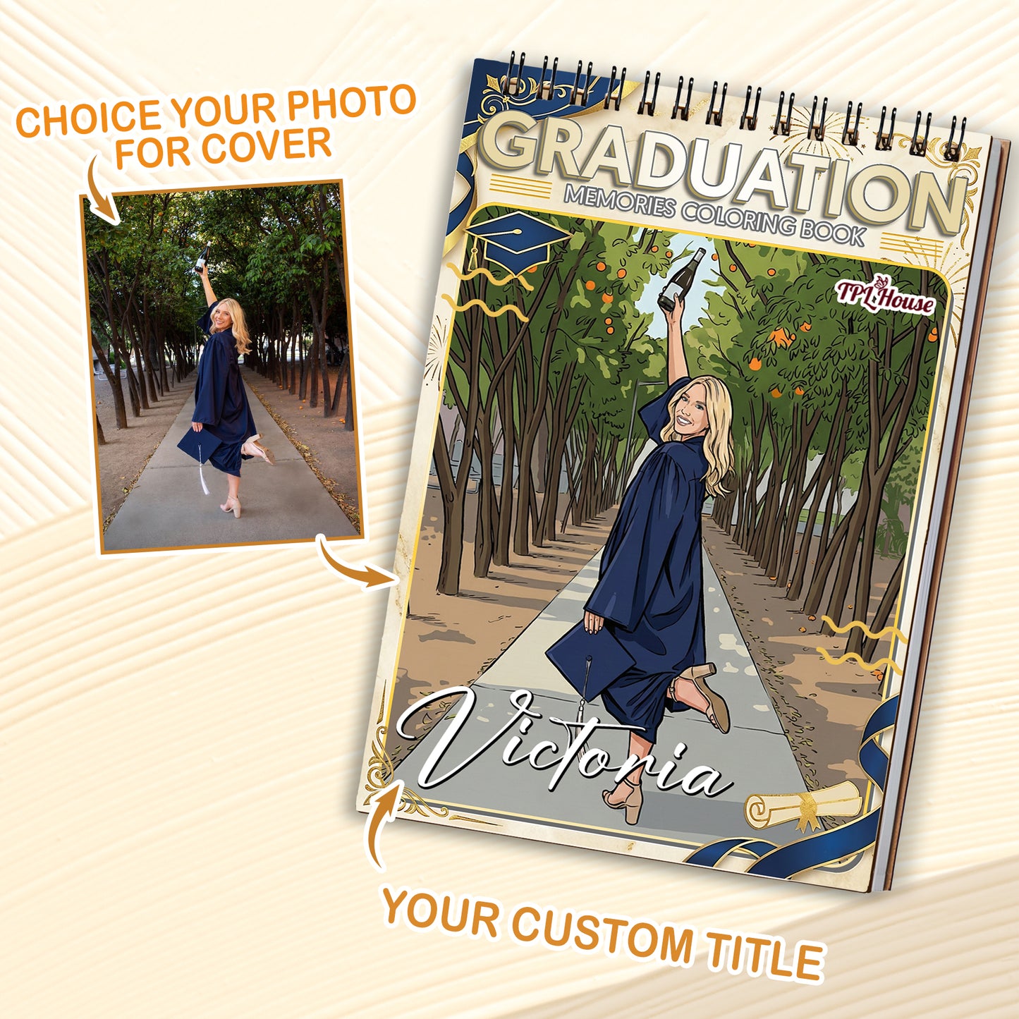 Personalized Graduation Coloring Book for Adults, Custom Coloring Pages from Your Graduation Photos, 12–48 Pages, Class of 2026 Gifts, Premium Wooden Cover, Spiral Binding