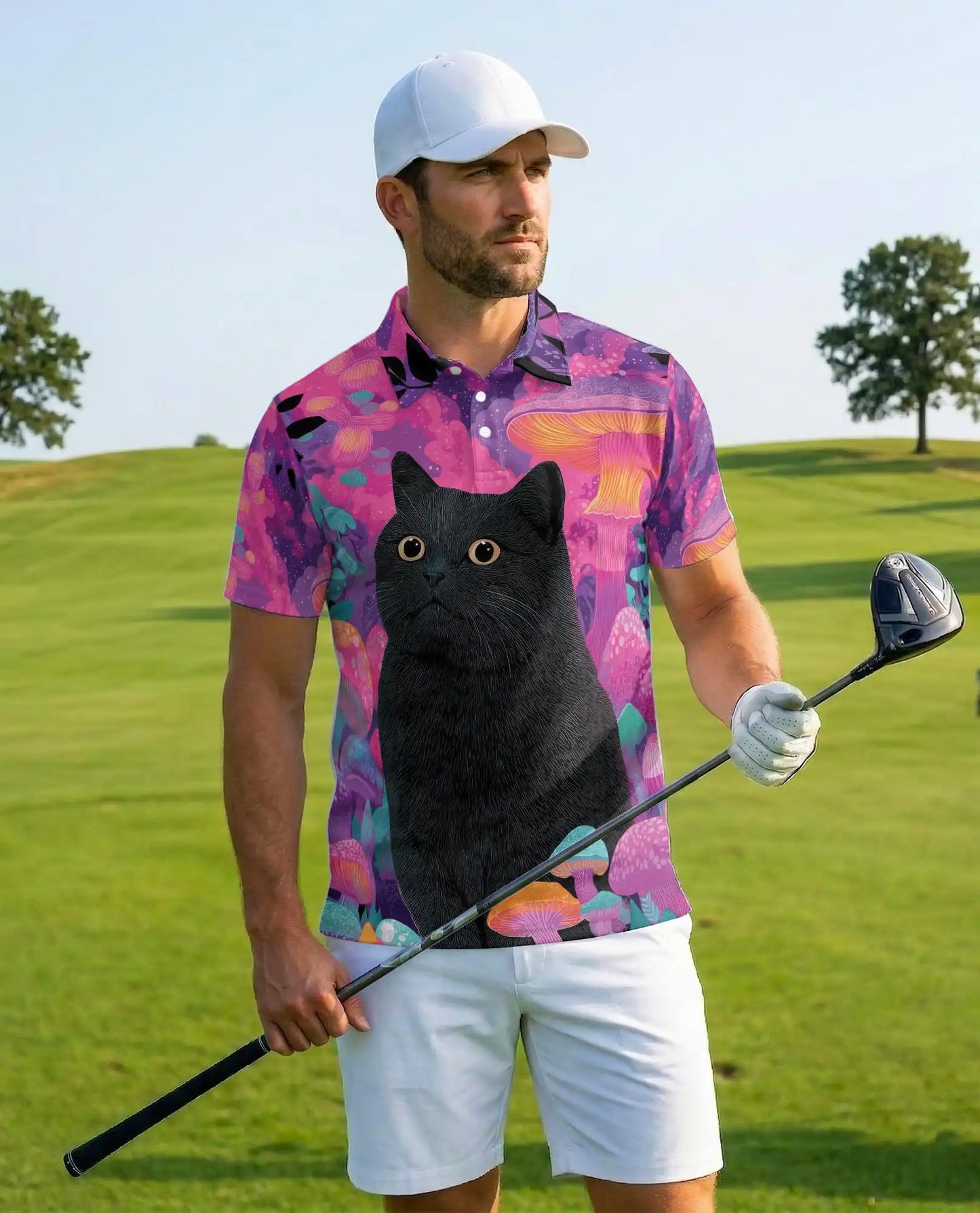 Black Cat Fantasy Mushroom Polo Shirt for Men- Print Magical Forest | Netecom