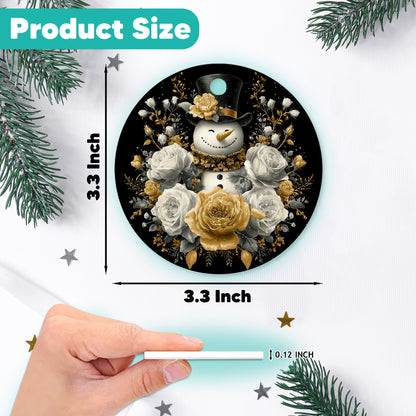 Netecom Funny Snowman Floral Ornament, Gold and White Christmas Ceramic Ornament for Xmas Tree Hanging Decorations Gift, Home Decor, Snowman Lover Gifts, Holiday Party Present