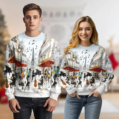 Parisian Street Cafe Jazz Music Sweatshirt, 3D All Over Print French Cafe Crewneck Pullover for Men Women, Jazz and Paris Lover Gift - Netecom