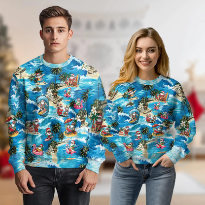 Funny Santa Surfing Dolphin Sweatshirt, 3D All Over Print Christmas Tropical Crewneck Pullover for Men Women, Santa Holiday Gift - Netecom