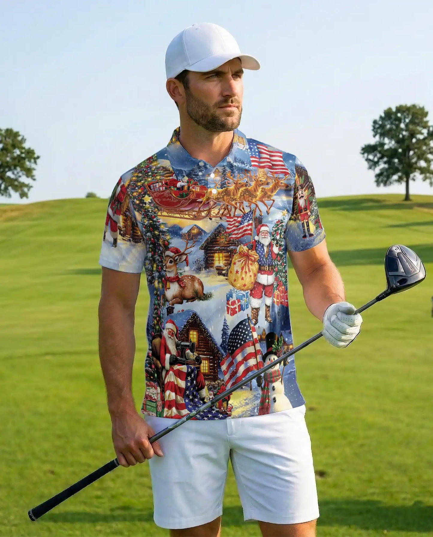 Patriotic Christmas Santa 3D Polo Shirt for Men – USA Holiday Winter Style | Netecom