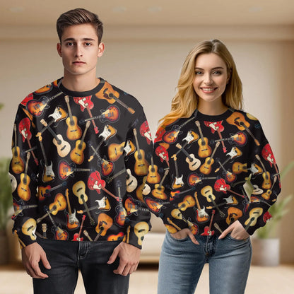 Guitar Pattern Sweatshirt, 3D All Over Print Musical Instrument Crewneck Pullover for Men Women, Guitar Lover Gift - Netecom