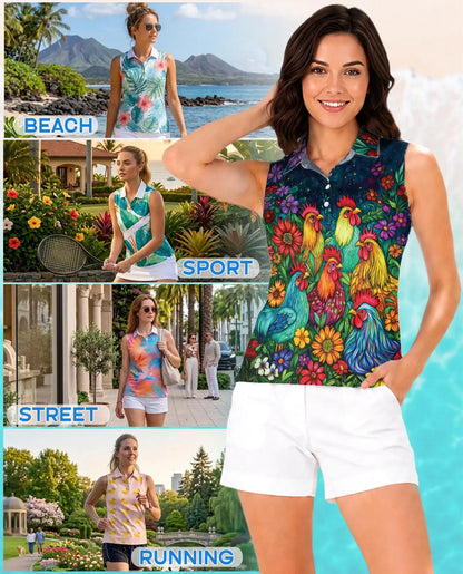 Colorful Chicken Farm Summer Sleeveless Polo Shirt for Women  | Netecom