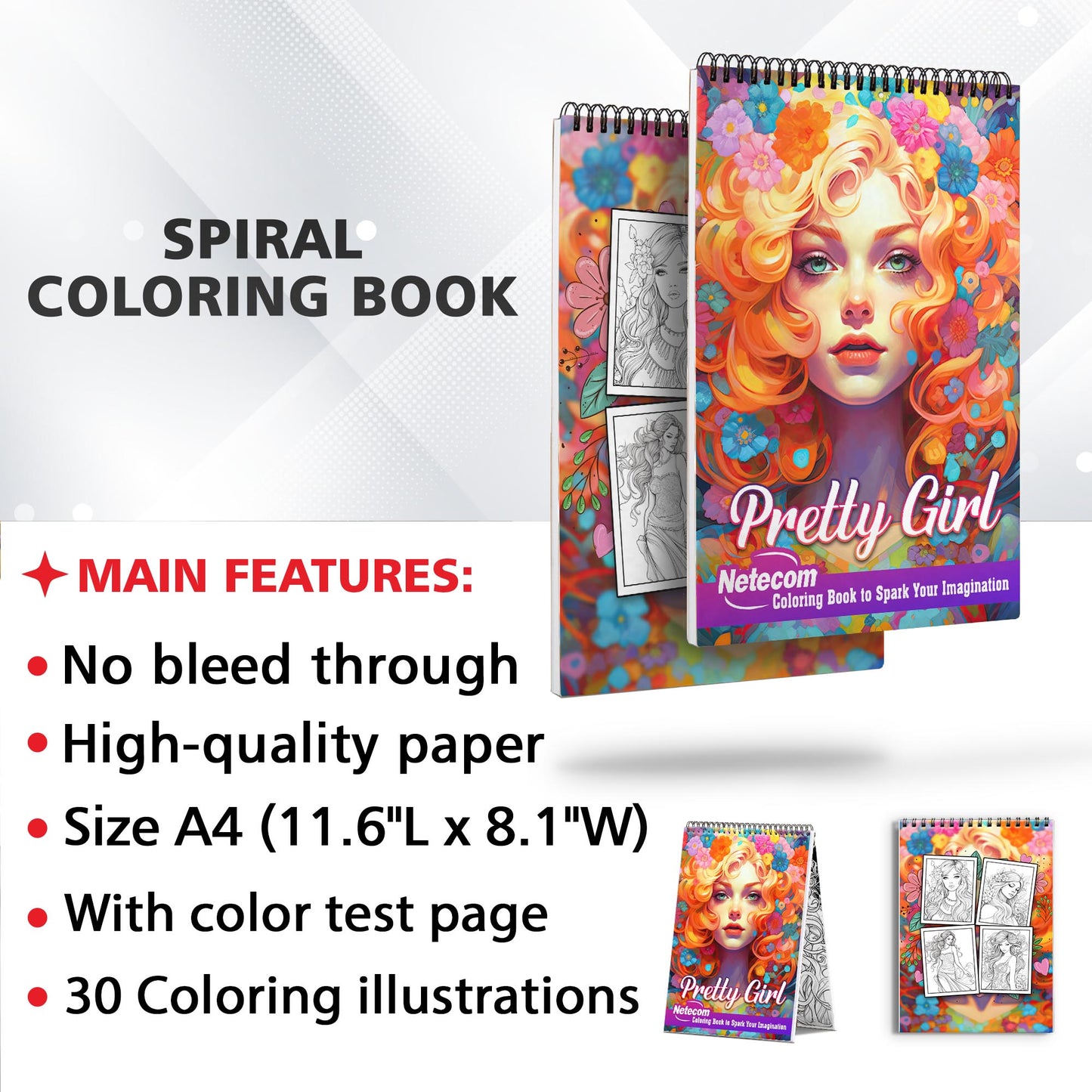 Pretty Girl Spiral Bound Coloring Book, Coloring Pages for Woman Featuring Beautiful Illustration of Girl, Hairstyles,... for Relaxation and Stress Relief