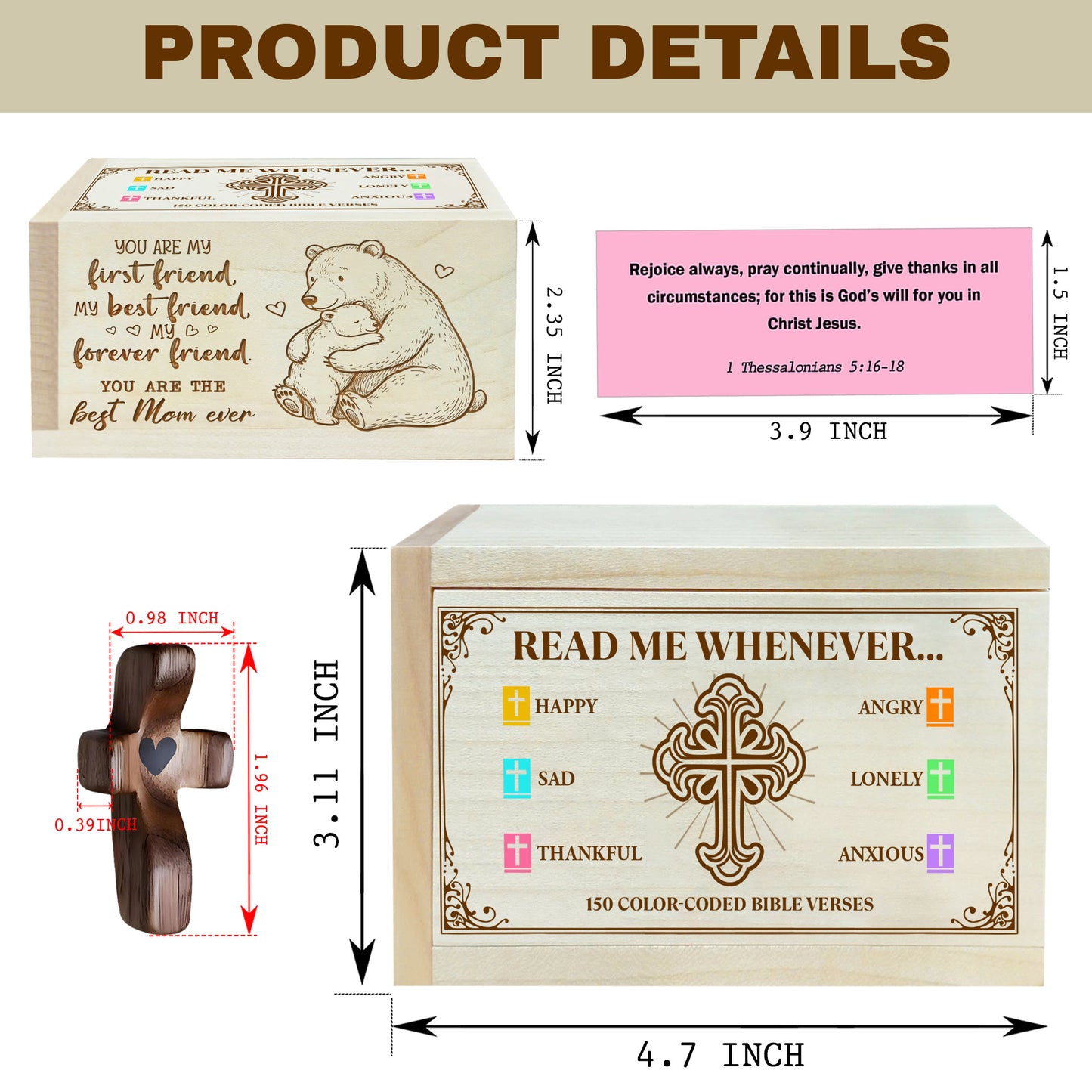 Netecom Bible Verse Box for Mom with 150 Color-Coded Scriptures & Custom Name Wooden Cross – Christian Faith Keepsake Gift for Prayer, Reflection & Daily Encouragement