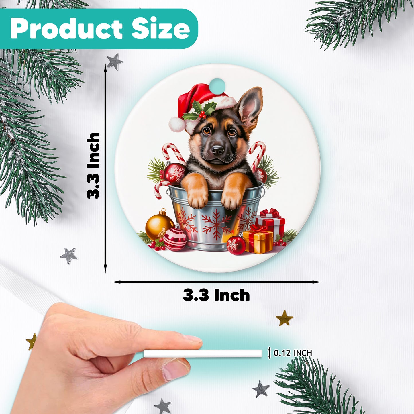Netecom Funny German Shepherd in Bucket Ornament, Shepherd Dog with Santa Hat Ceramic Ornament for Christmas Tree Hanging Decorations Gift, Puppy Lover Gifts, Home Decor, Holiday Party Present