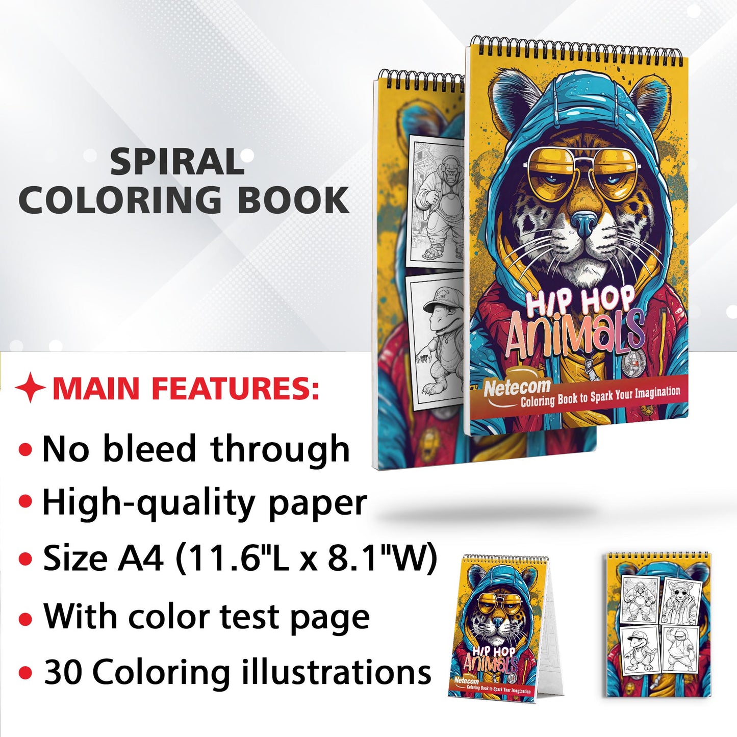 Hip Hop Animals Spiral Bound Coloring Book, Set Your Imagination Free with 30 Pages of Coloring Joy, Showcasing Animals Rocking the Hip Hop Fashion