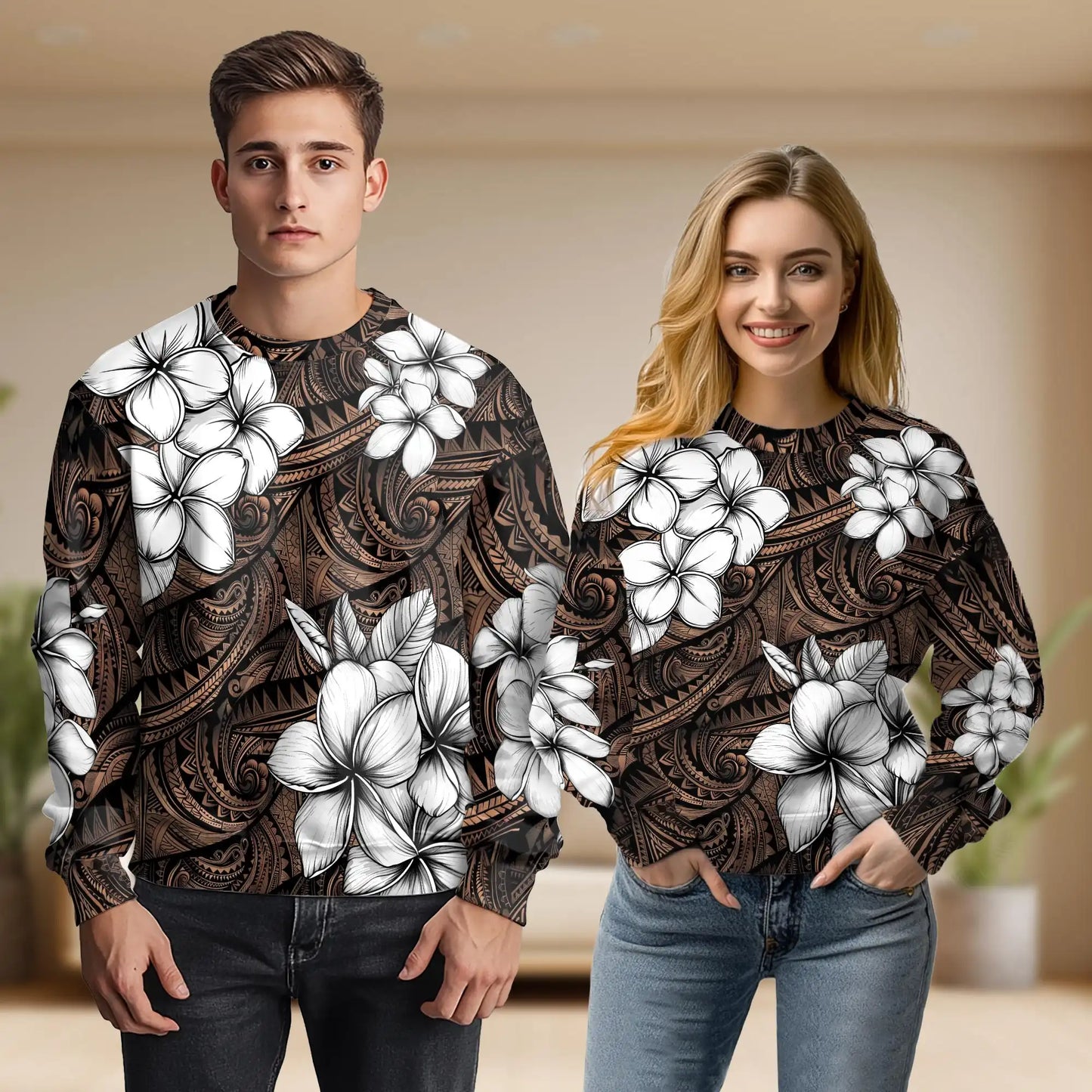 Hibiscus Tribal Floral Brown Sweatshirt, 3D All Over Print Polynesian Tropical Crewneck Pullover for Men Women, Hibiscus Lover Gift - Netecom