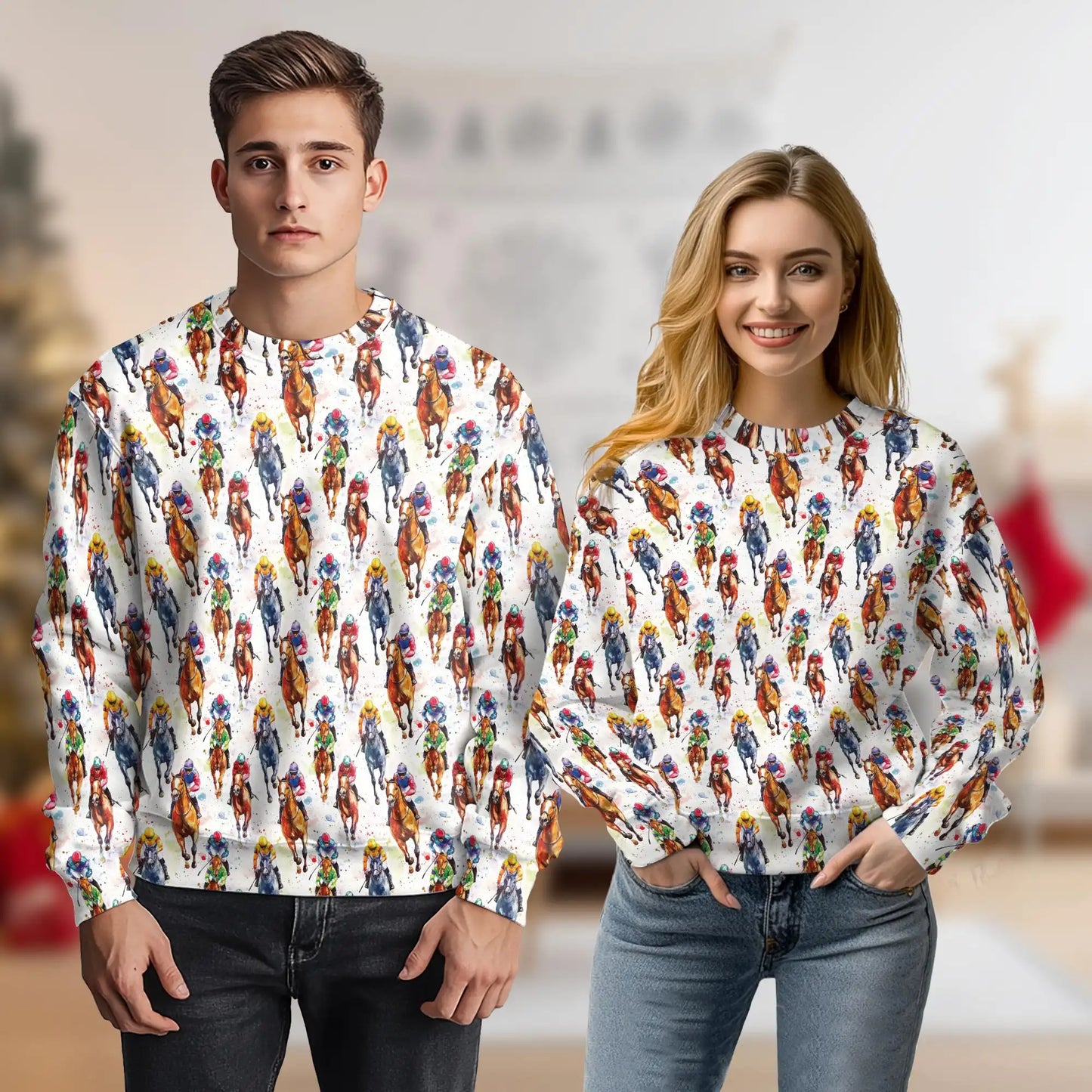 Watercolor Horse Racing Pattern Sweatshirt, 3D All Over Print Equestrian Sports Crewneck Pullover for Men Women, Horse Racing Lover Gift - Netecom