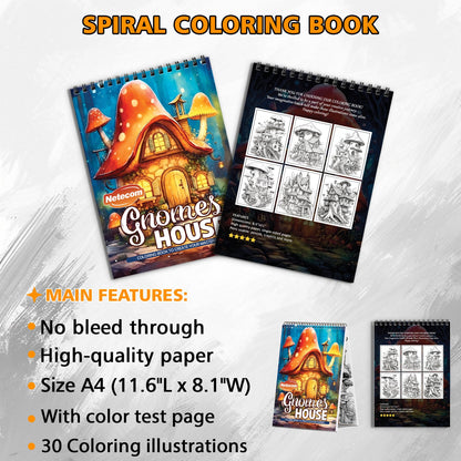 Gnomes House Spiral Bound Coloring Book, Enchanting Gnome Houses for a Whimsical and Charming Art Journey, Perfect for Fans of Fantasy and Garden Scenes