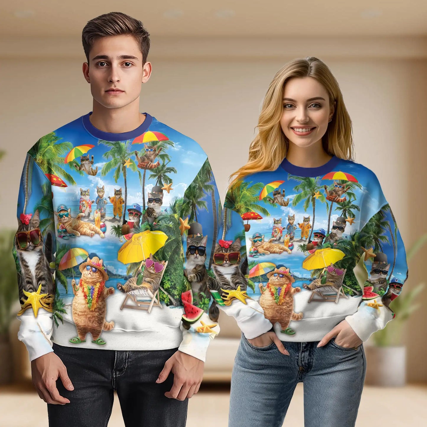 Cool Cats Summer Beach Sweatshirt, 3D All Over Print Tropical Cat Crewneck Pullover for Men Women, Cat Lover Gift - Netecom