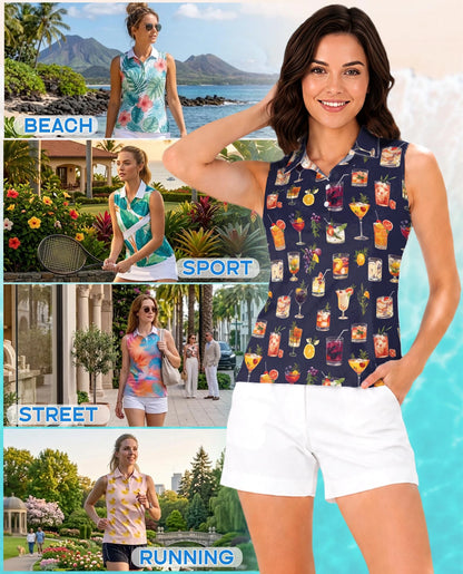 Summer Cocktails Sleeveless Polo Shirt for Women | Netecom