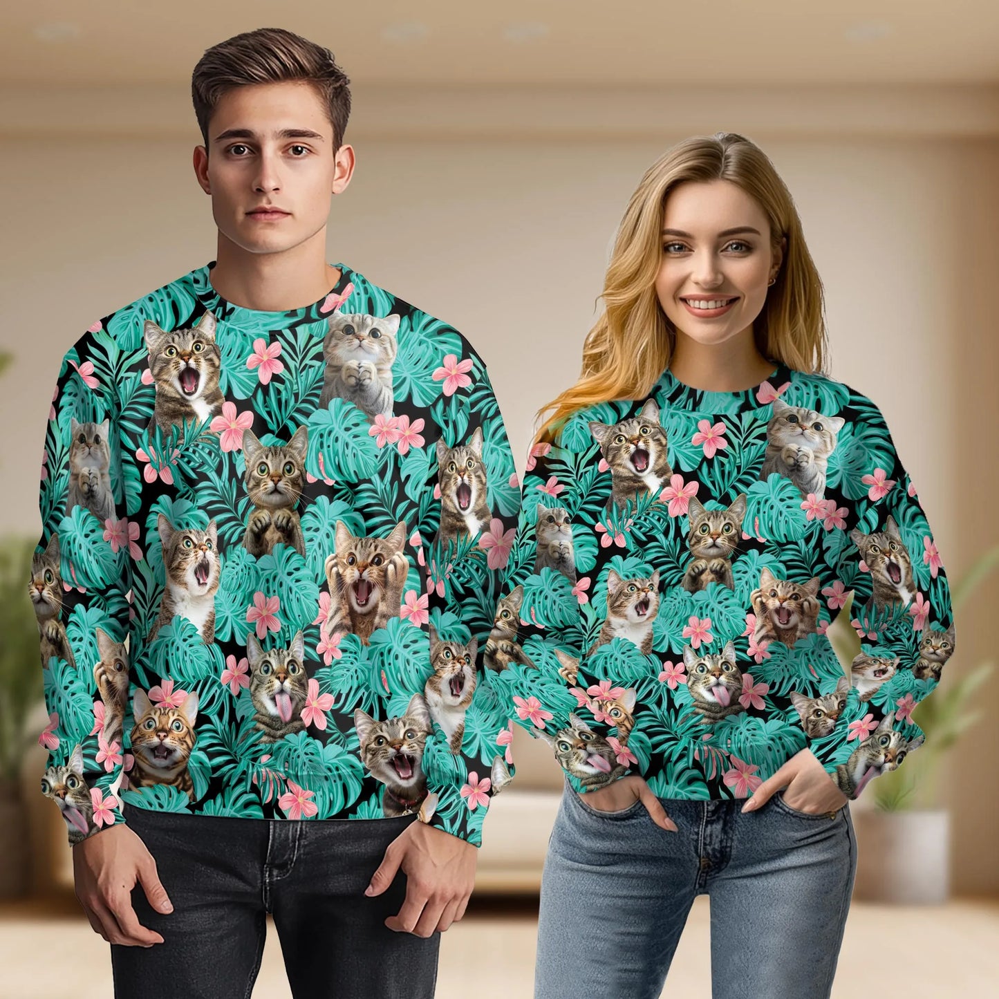 Tropical Cat and Flower Sweatshirt, 3D All Over Print Floral Cat Crewneck Pullover for Men Women, Cat Lover Gift - Netecom