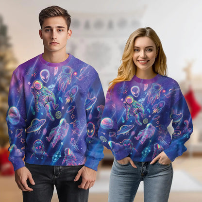 Neon Astronauts Sweatshirt, 3D All Over Print Space Galaxy Crewneck Pullover for Men Women, Astronaut Lover Gift - Netecom
