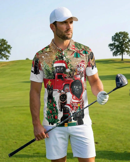 Black Cat Christmas Polo Shirt - Cozy Holiday Winter Style | Netecom