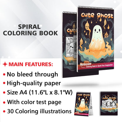 Cute Ghost Spiral Bound Coloring Book, Embrace the Adorable with 30 Coloring Pages, Depicting Cute Ghosts in Whimsical Scenes