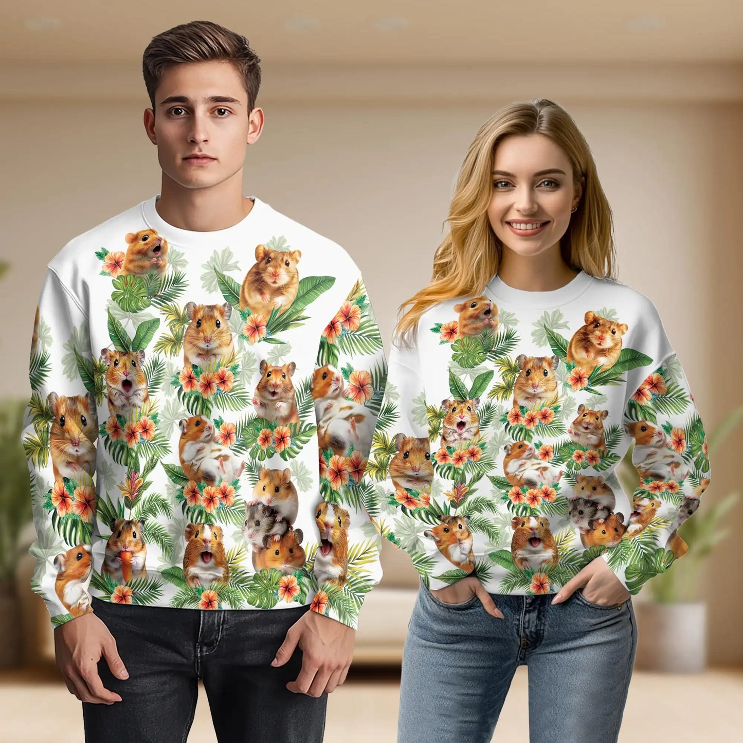 Hamsters Tropical Vintage Sweatshirt, 3D All Over Print Retro Animal Crewneck Pullover for Men Women, Hamster Lover Gift - Netecom