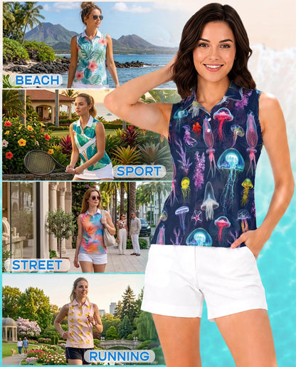 Luminescent Jellyfish Sleeveless Polo Shirt for Women – Ocean Glow Style | Netecom
