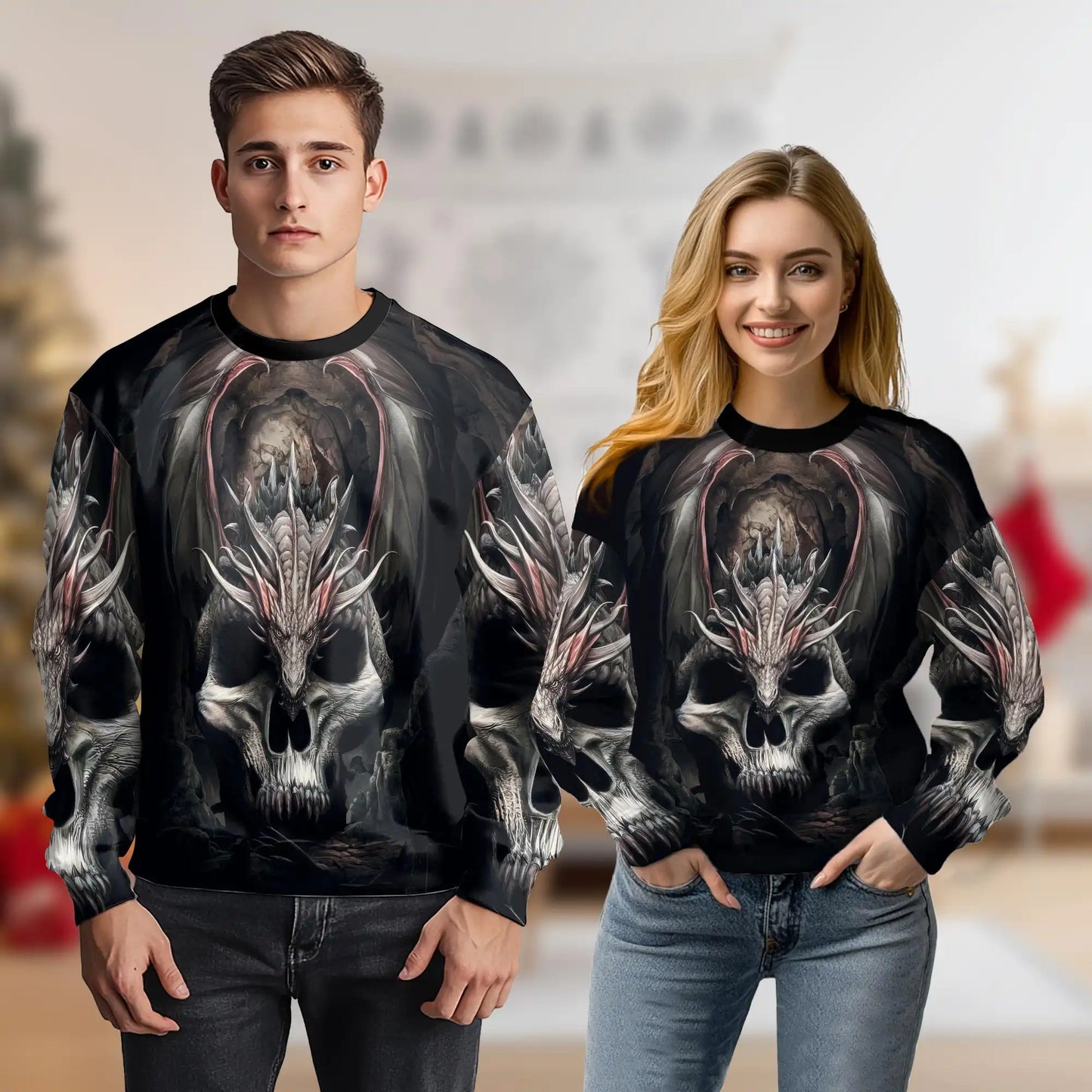 Gothic Dragon Skull Sweatshirt, 3D All Over Print Dark Fantasy Crewneck Pullover for Men Women, Dragon Lover Gift - Netecom