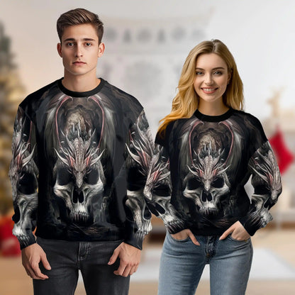 Gothic Dragon Skull Sweatshirt, 3D All Over Print Dark Fantasy Crewneck Pullover for Men Women, Dragon Lover Gift - Netecom